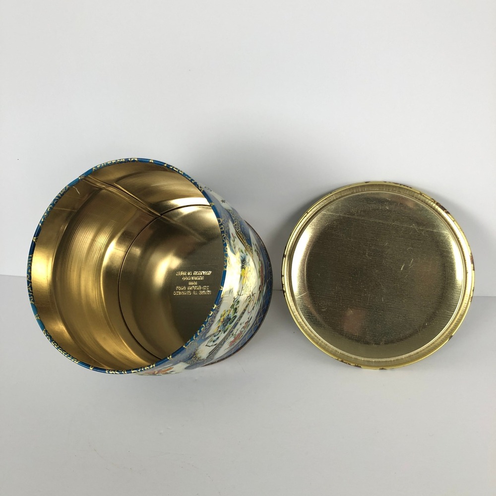 VTG Daher England Floral Tin Canister Blue Gold Chinoiserie 11101 5.5 inch - Picture 6 of 11